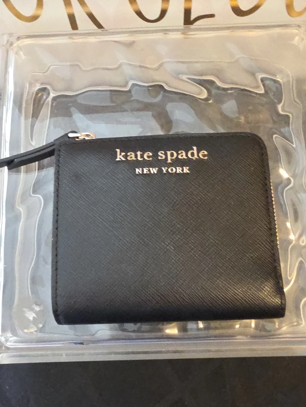 kate spade Black Compact Zip Wallet with Gold Logo